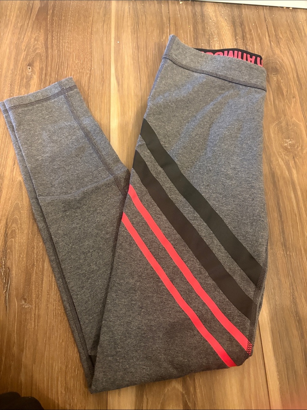 Womens Gray Underarmour Leggings with Black and Pink Stripe Accent